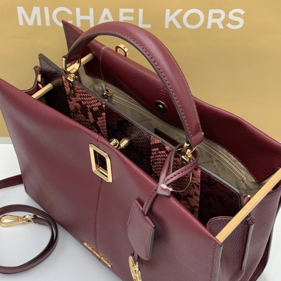 Michael Kors Penelope Large Top Handle Satchel Merlot Multi Color Leather - Picture 14 of 16